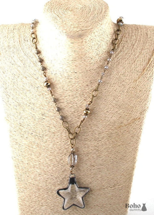 Boho Necklace, RH Antique Brass Silver Stone Glass